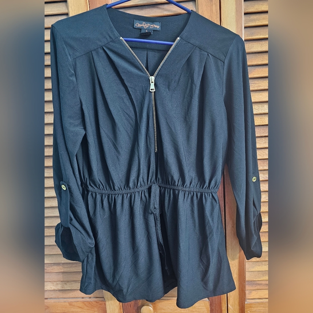 Coco & Shay Black Zip Front Blouse | Size L | Tie Waist Detail
